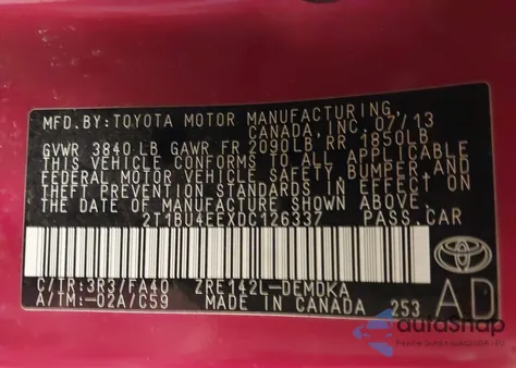 2013 Toyota Corolla L из США, поврежденный, VIN 2T1BU4EEXDC126337